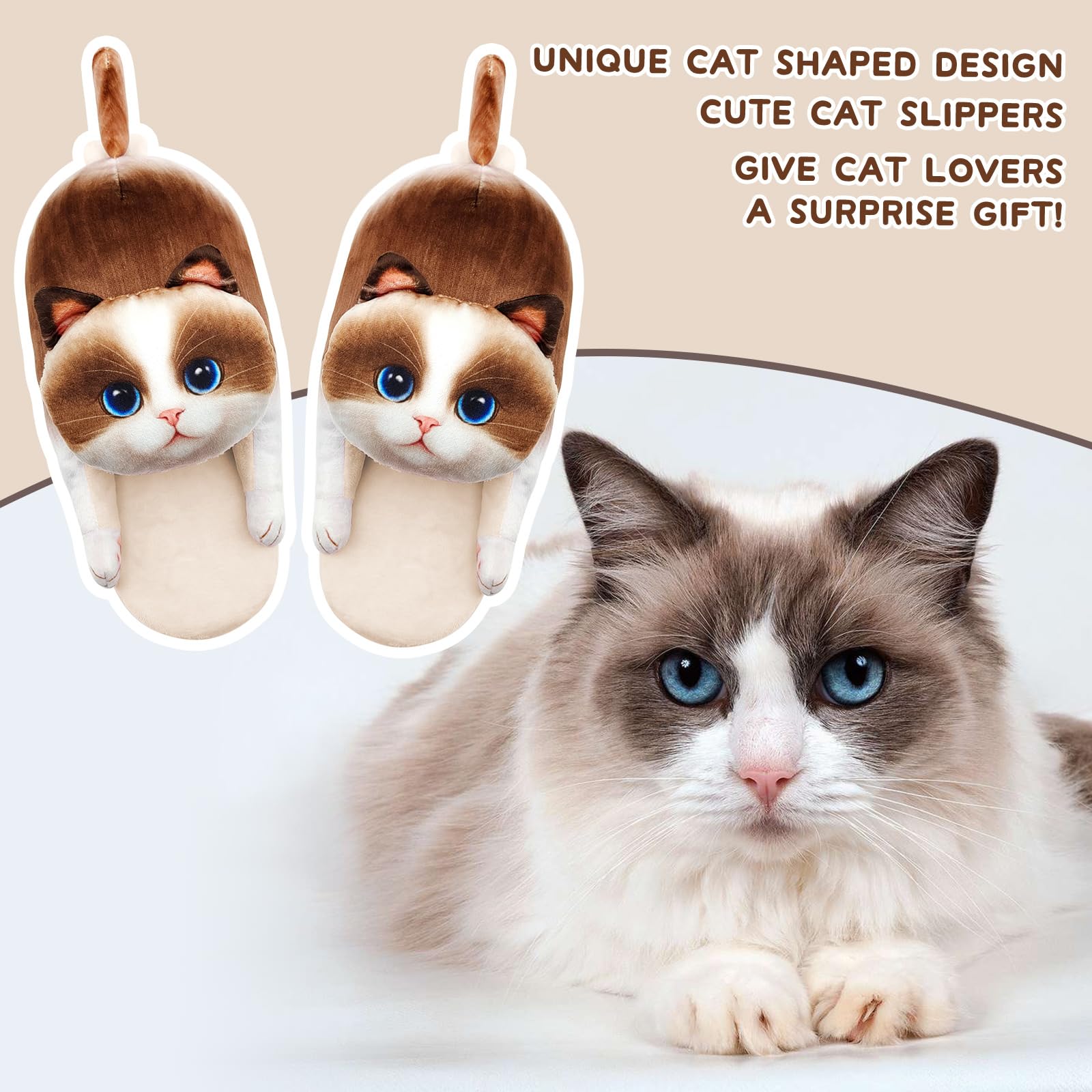 Funny Cat Slippers for Women,Fuzzy Animal Indoor House Shoes with Soft Memory Foam,Comfy Plush Warm Slip-on Slippers,Cat Gifts for Cat Lover
