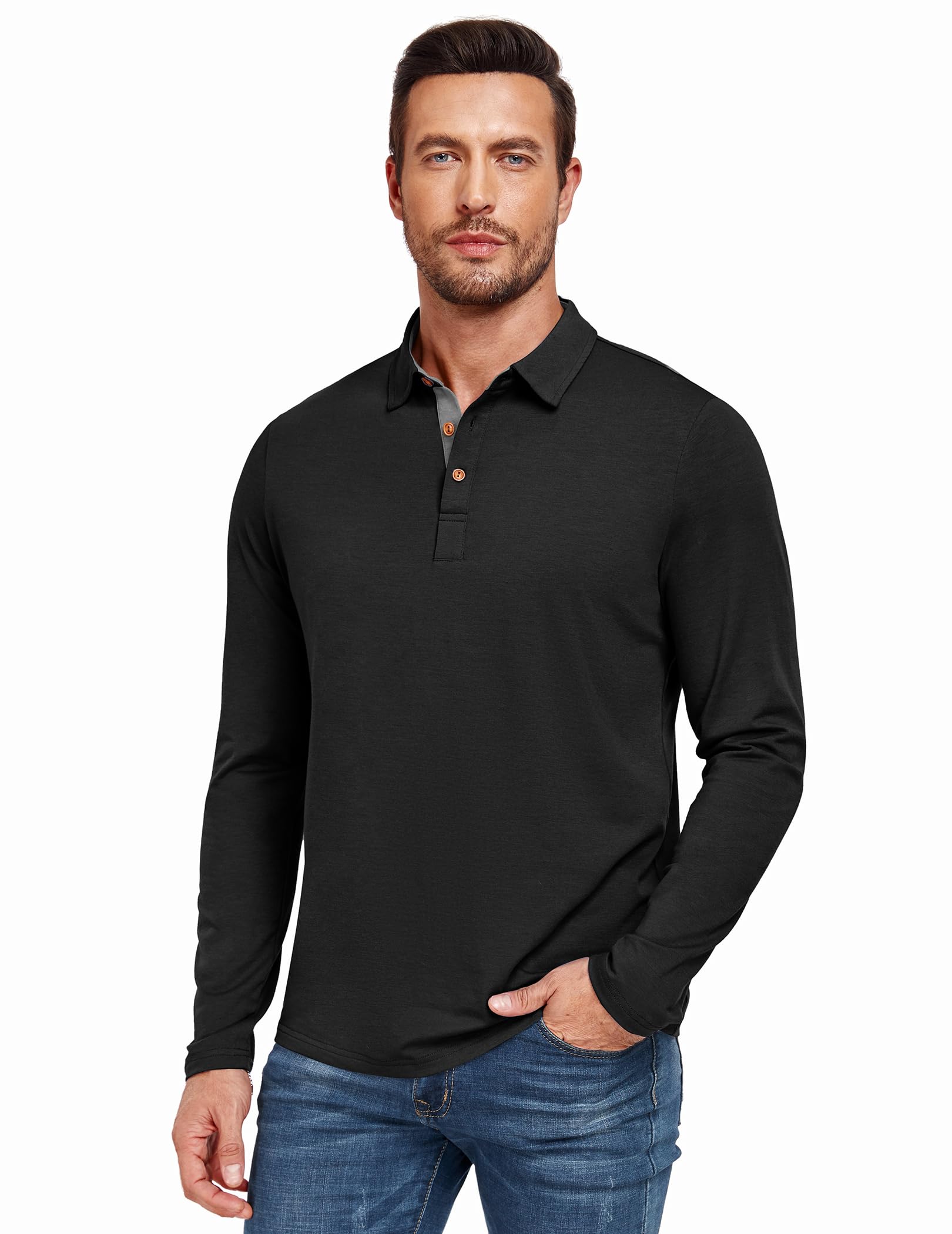 PEGENO Mens Polo Short/Long Sleeve Shirt Classic Button Basic Solid Color Designed Collared Polo Shirt Fashion Casual Shirts