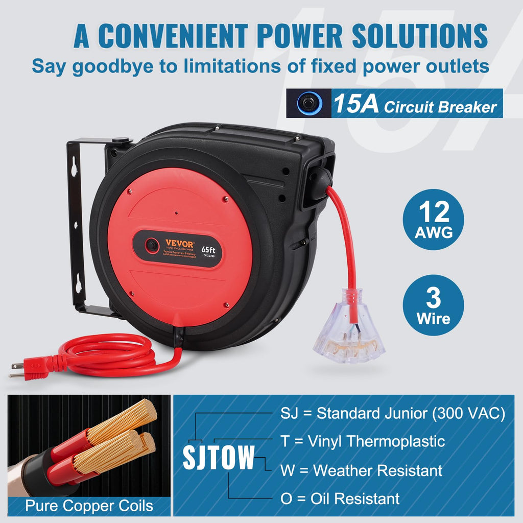 VEVOR Retractable Extension Cord Reel, 30 FT, Heavy Duty 16AWG/3C SJTOW Retractable Power Cord Reel with Lighted Triple Tap Outlet 10 Amp Circuit Breaker 4.5FT Lead-in Cord, for Ceiling or Wall Mount