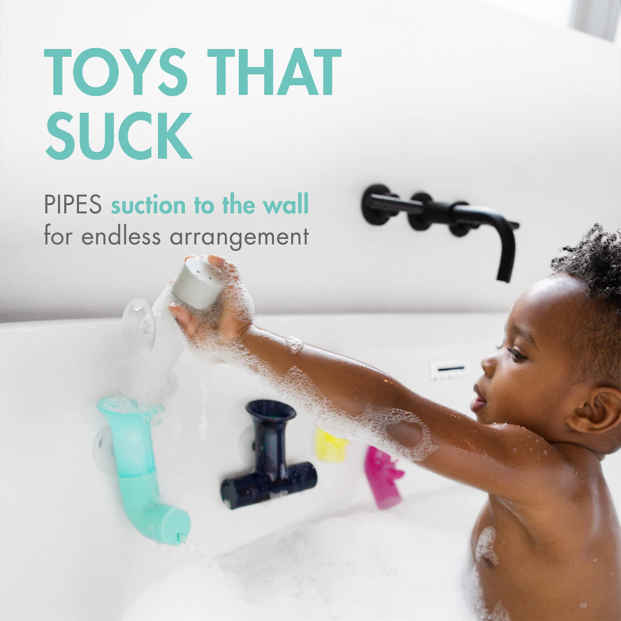 Boon Pipes Toddler Bath Toys - Interactive Toddler Sensory Toys - Suction Bath Toys for Hand Eye Coordination and Fine Motor Skills - Multicolored - 5 Count- Ages 12 Months and Up