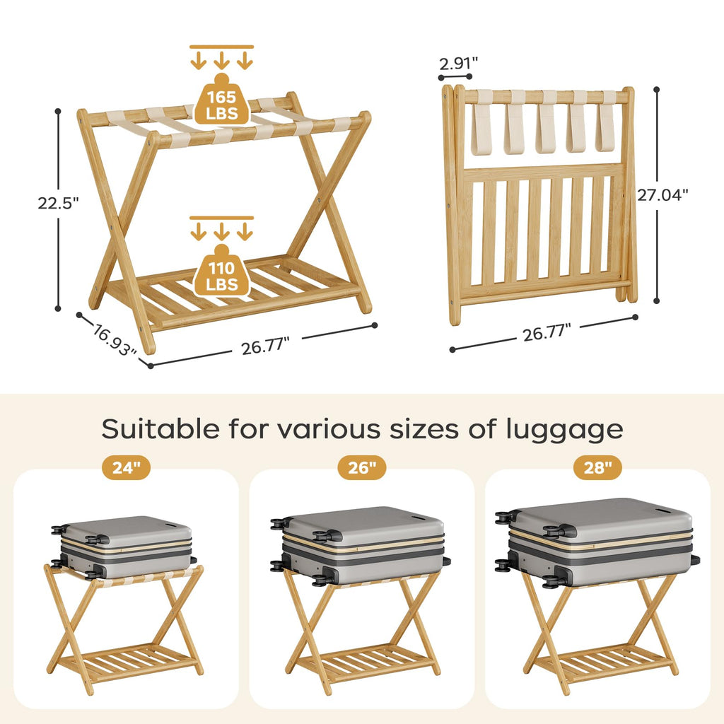 oakvivo Fully Assembled Black Luggage Rack for Guest Room, Bamboo Foldable Suitcase Stand with 5 Nylon Straps, Upgraded Luggage Rack Holder with Shelf for Bedroom Hotel, Holds up to 165 Lbs, 1pcs