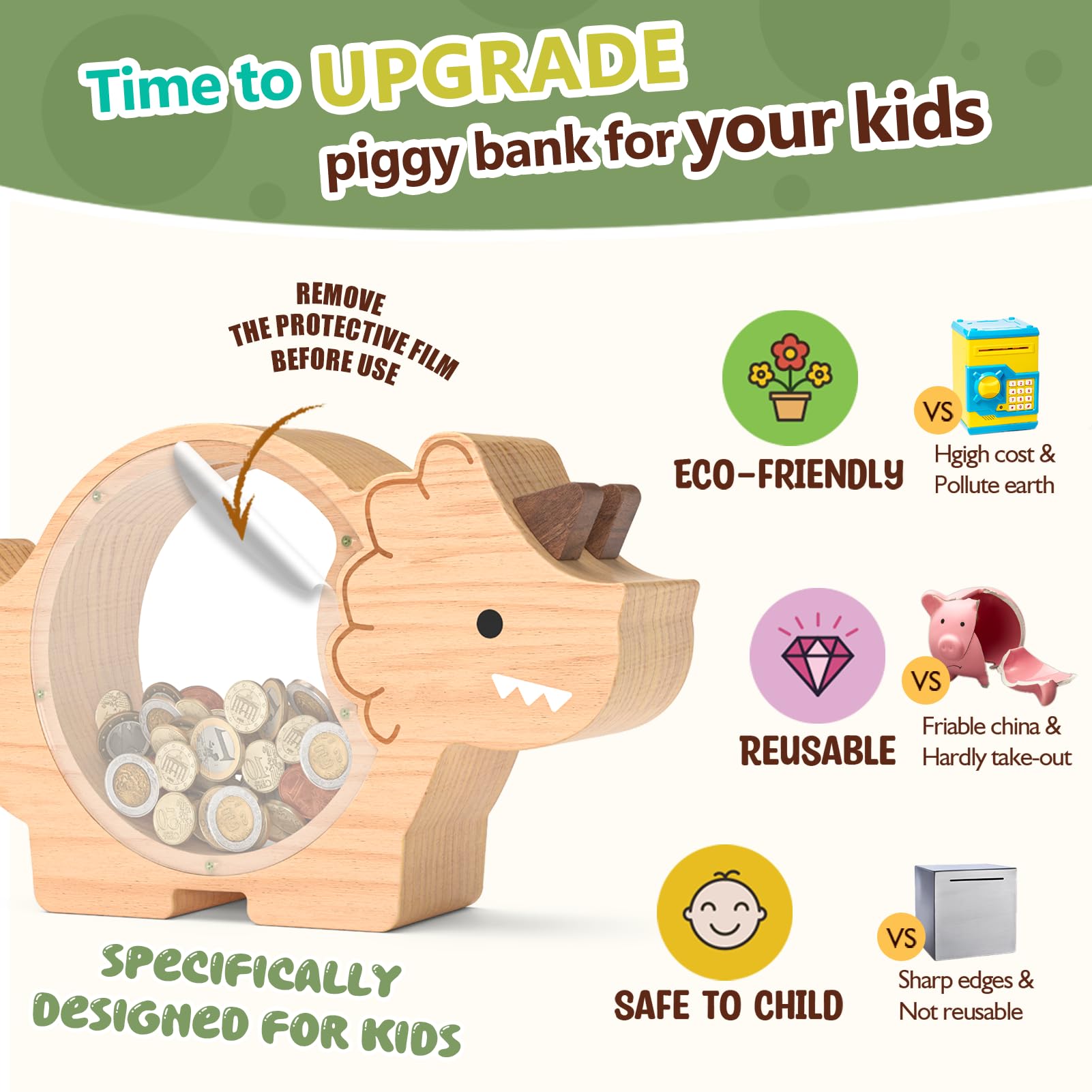 Summidate Wooden Dinosaur Piggy Bank for Kids Boys, Cute Wood Dino Money Bank for Toddlers, Creative Saving Coin Jar, Personalized Present for Child Birthday & Decor (Brachiosaurus, Custom)