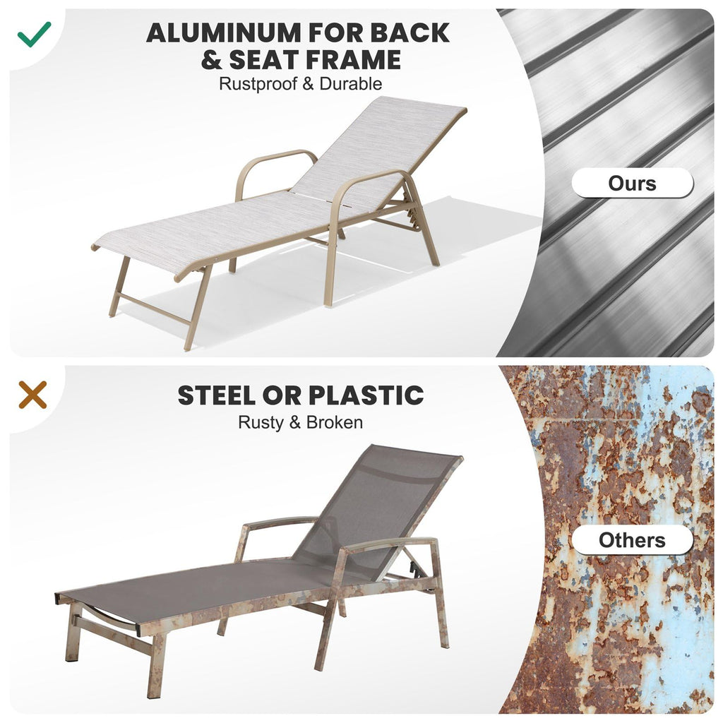 Crestlive Products Chaise Lounge Chair Outdoor with Armrests, Pool Lounge Chairs Set of 2, Aluminum Adjustable 5 Positions Sun Tanning Lounger for Patio, Poolside, Yard, Deck, Backyard (Beige)