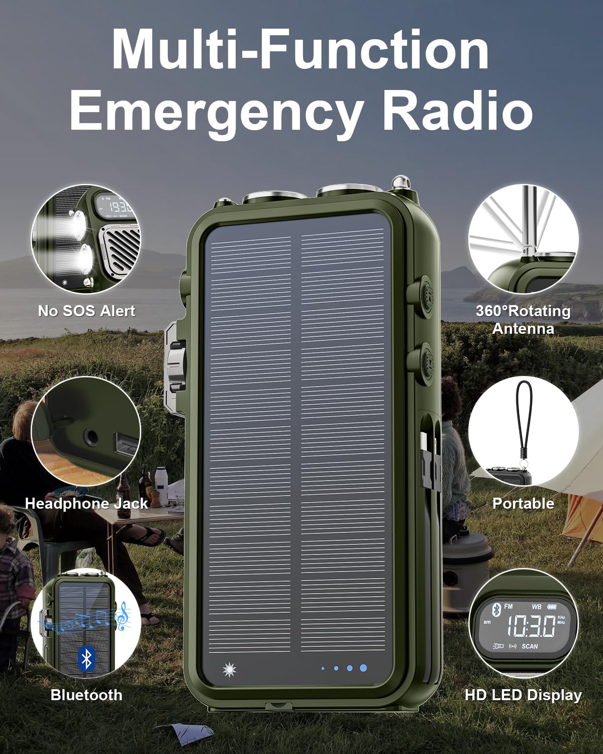 Emergency Radio&22000mAh Solar Power Bank, FM NOAA Weather Radio, Portable Hand Crank Bluetooth Radio, 20W Fast Charge Wireless Phone Charger, SOS Flashlight for Emergency/Home (Green)