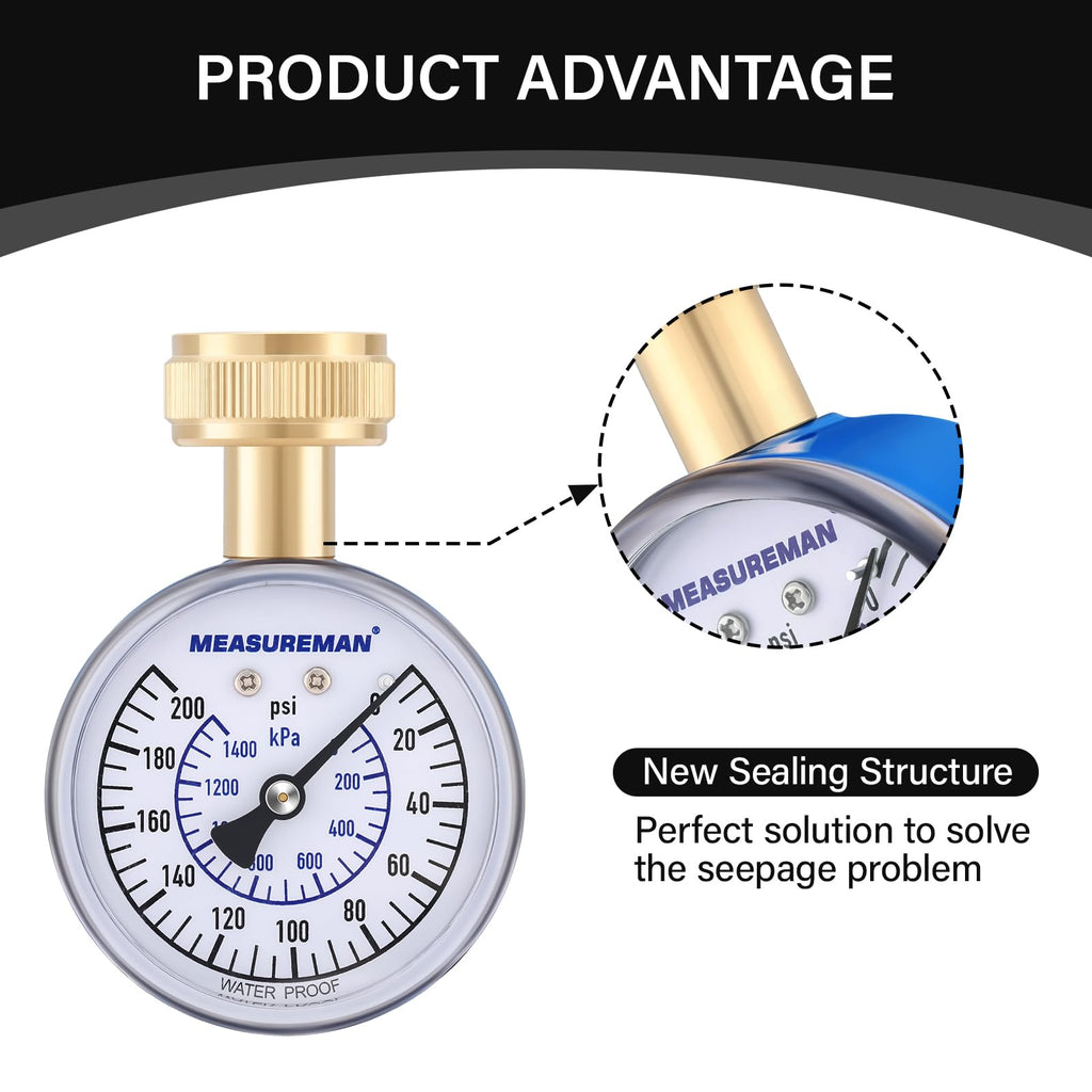 MEASUREMAN 2" Water Pressure Test Gauge, 3/4" Female Hose Thread, 0-200 psi/kpa with Maximum Pressure Memory (Pack of 2)