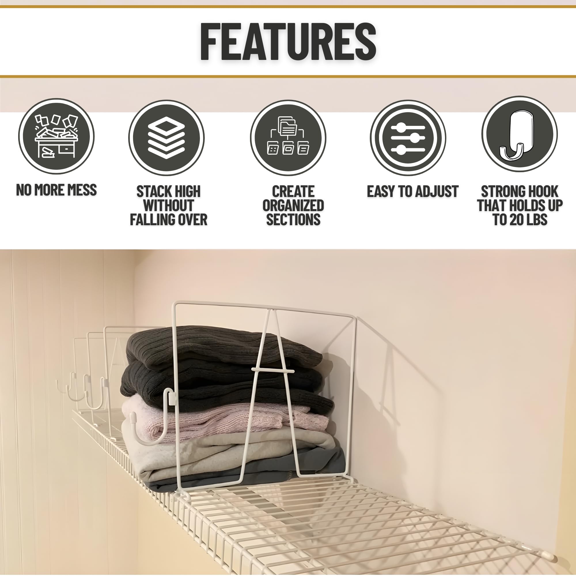 Evelots Wire Shelf Dividers - Extra Closet Organization and Storage for Home or Office -4 Pack- New Removable Hooks - Tall Shelf Separators - Easy to Clip -No Tool- Sturdy Coated Steel - 12 Inch Tall