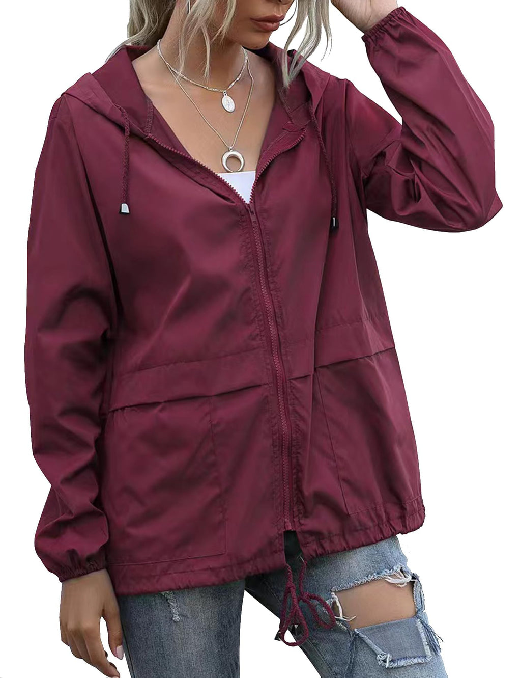 Women's Raincoats Lightweight Waterproof Windproof Adjustable Windbreaker Rain Jackets Hooded with Pockets S-XXL