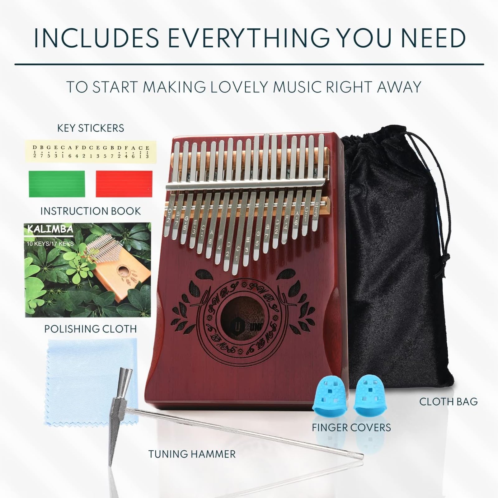 UNOKKI 17-Key Kalimba Thumb Piano - Portable Mahogany Percussion Mbira Instrument - Beginner Tuning Set, Music Instruments for Kids Gifts - Cherry