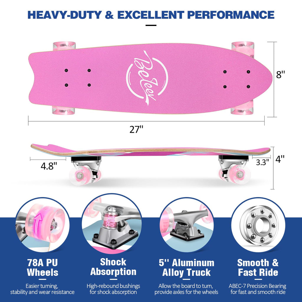 BELEEV Cruiser Skateboards for Beginners, 27 x 8 inch Complete Skateboard for Kids Teens Adults, 7 Ply Canadian Maple Double Kick Deck Concave Skateboard with Skate T-Tool
