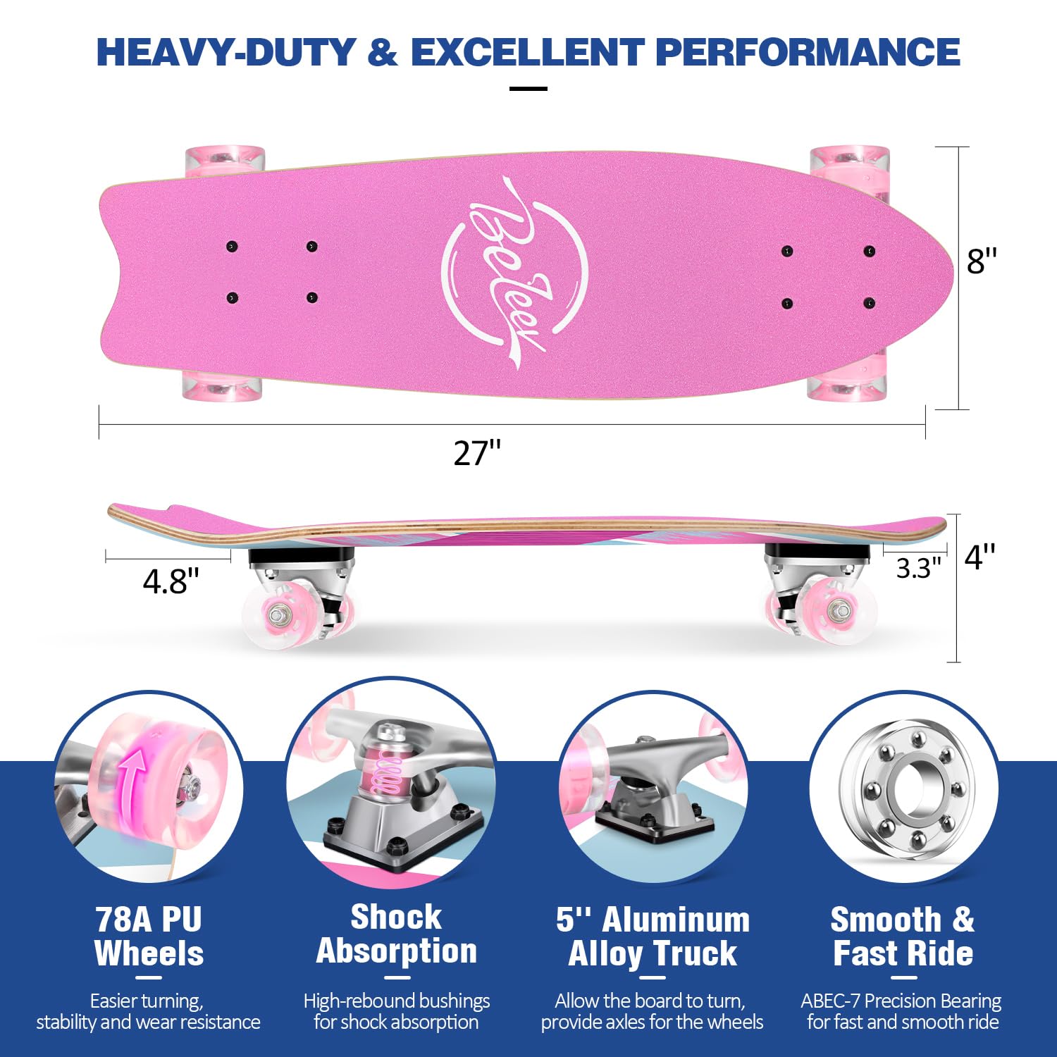 BELEEV Cruiser Skateboards for Beginners, 27 x 8 inch Complete Skateboard for Kids Teens Adults, 7 Ply Canadian Maple Double Kick Deck Concave Skateboard with Skate T-Tool