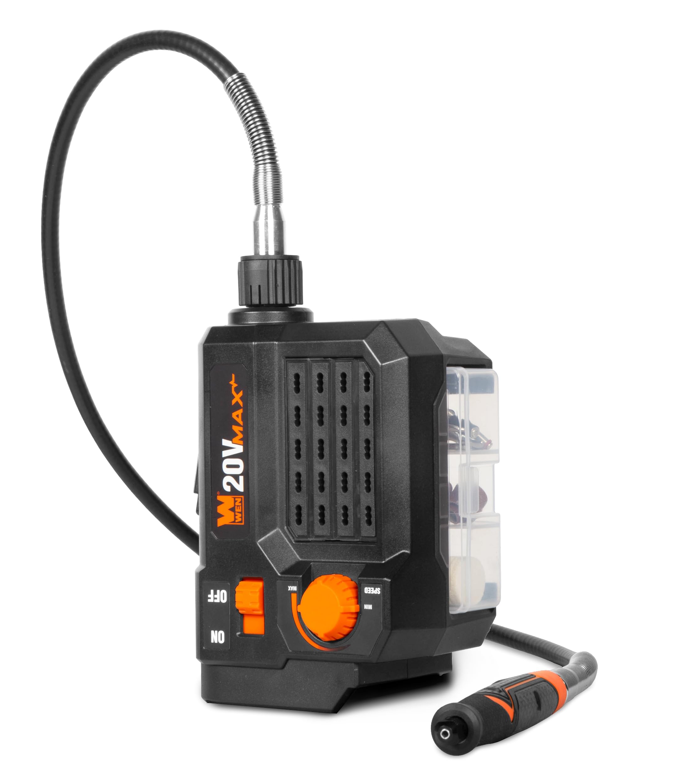 WEN 20V Max Cordless Variable Speed Rotary Tool Station with Flex Shaft, 40 Accessories, 2Ah Li-Ion Battery, and Charger (20923)
