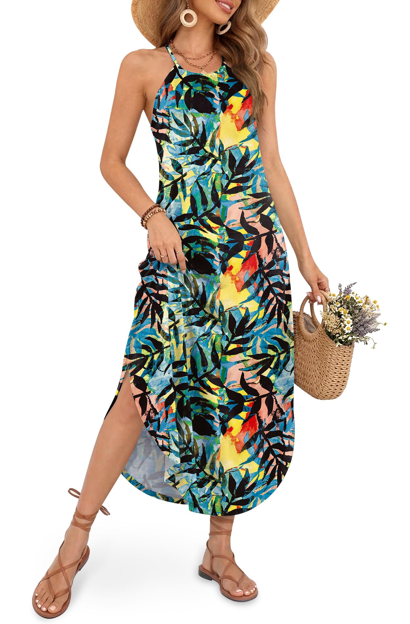 For G and PL Women's Summer Casual Halter Side Slit Maxi Beach Dress Resort Vacation Cruise Wear Sundress
