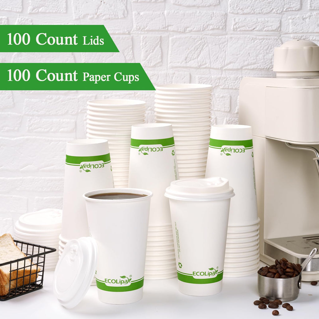 ECOLipak 100 Count 12 oz Compostable Paper Coffee Cups, Biodegradable Disposable Coffee Cups with CPLA Lid, Eco-friendly Hot Drinking Cups for Party, Picnic, Travel, and Events