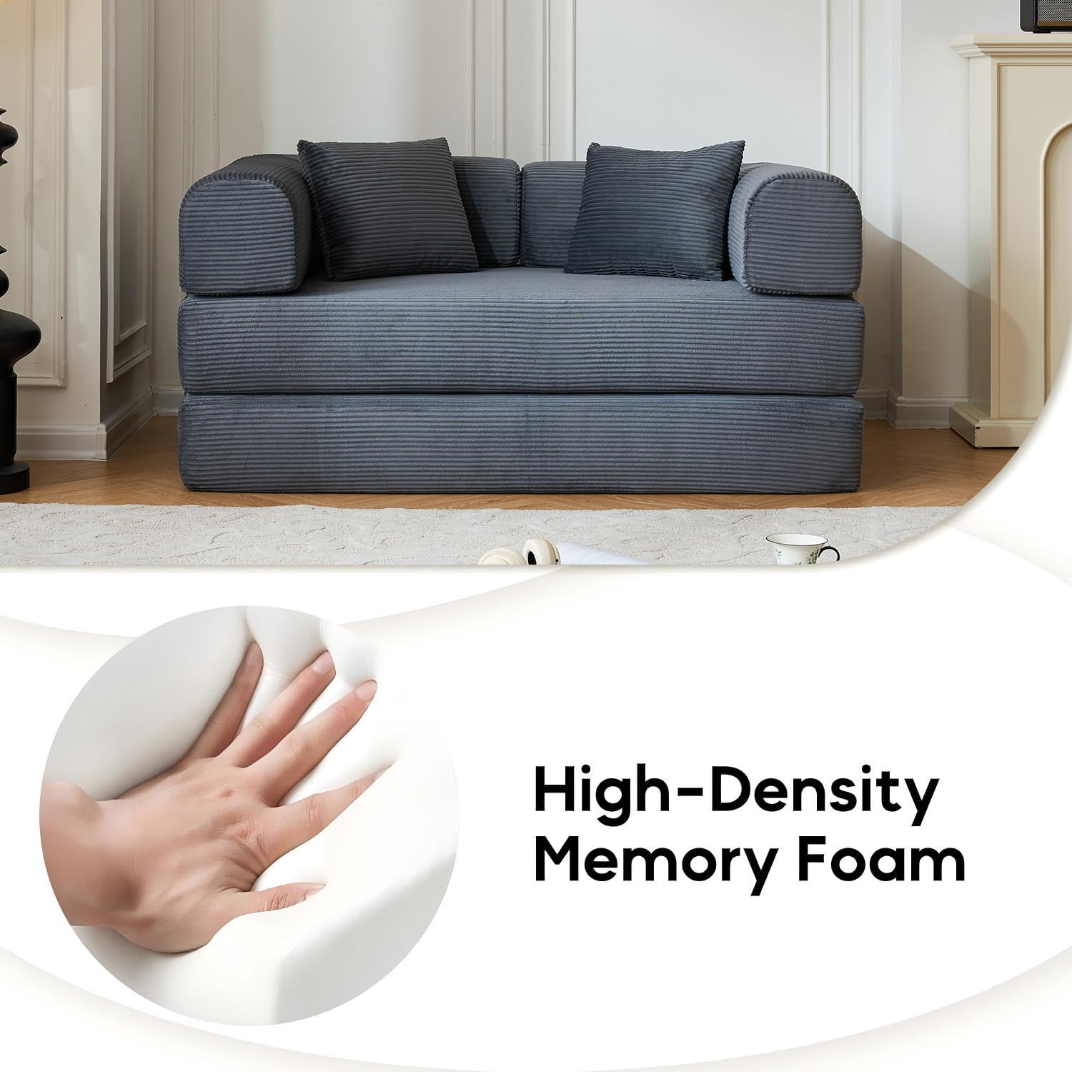 ZEIINPA 59“ Convertible Floor Sofa Bed, 5-in-1 Futon Sofa Bed Pull Out Sleeper Couch, Modern Corduroy Compressed Loveseat, Modular Boneless Couches for Living Room, No Assembly Required, Beige