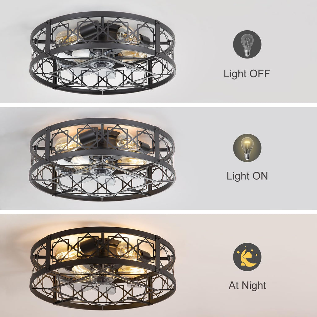 ZYD Caged Ceiling Fan with Light, 20" Ceiling Fan with Lights and Remote Flush Mount, Bladeless Caged Ceiling Fans with Lights, Matte Black Rustic Fan for Bedroom, Kitchen, Dining Room