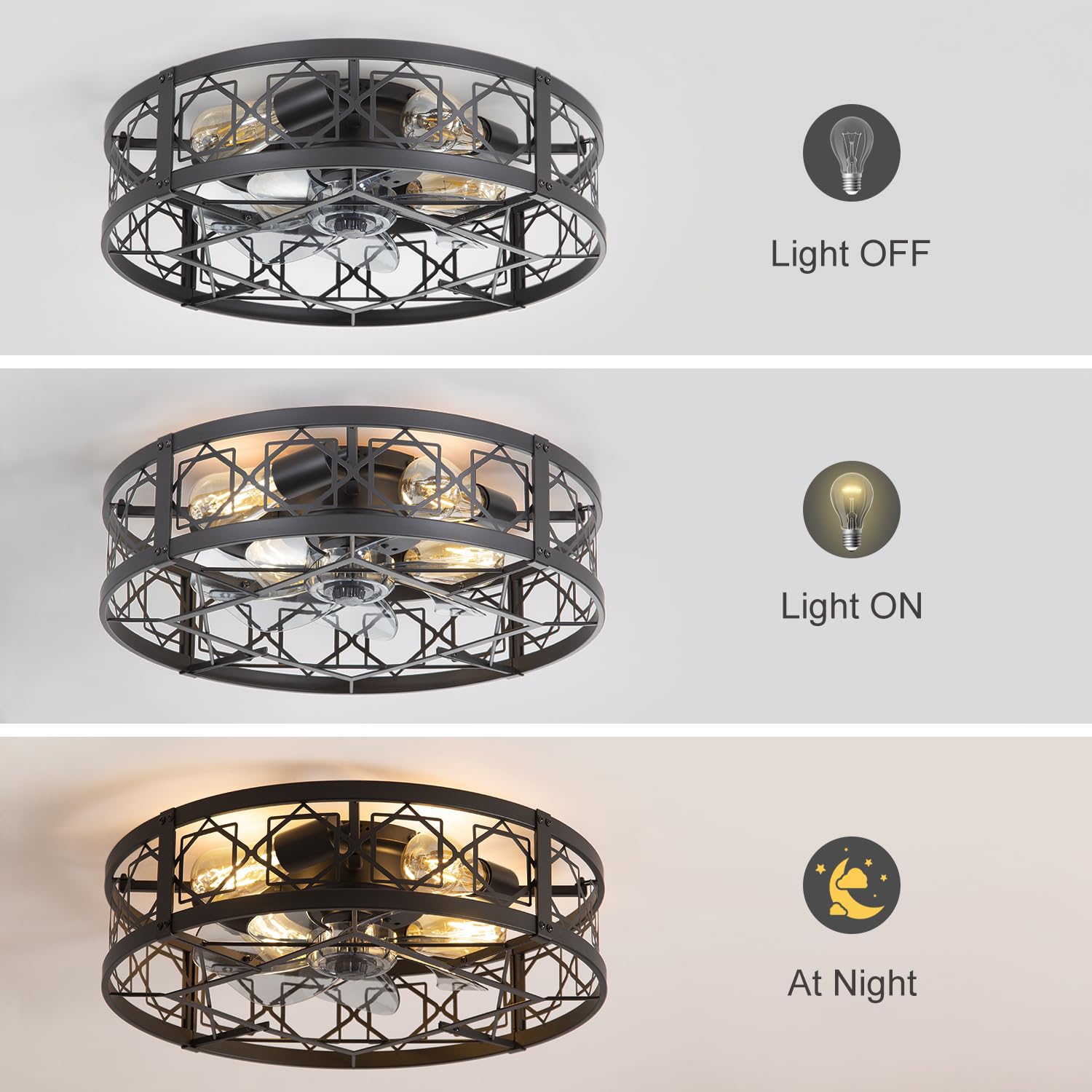 ZYD Caged Ceiling Fan with Light, 20" Ceiling Fan with Lights and Remote Flush Mount, Bladeless Caged Ceiling Fans with Lights, Matte Black Rustic Fan for Bedroom, Kitchen, Dining Room