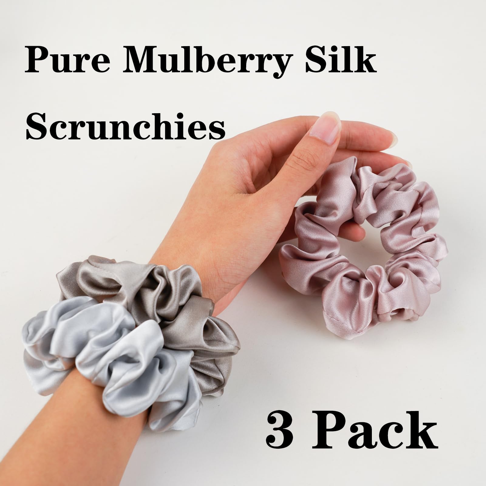 Silk Scrunchies for Hair 100% Mulberry Silk Hair Ties（Silver gray, Dark gray, Pink）
