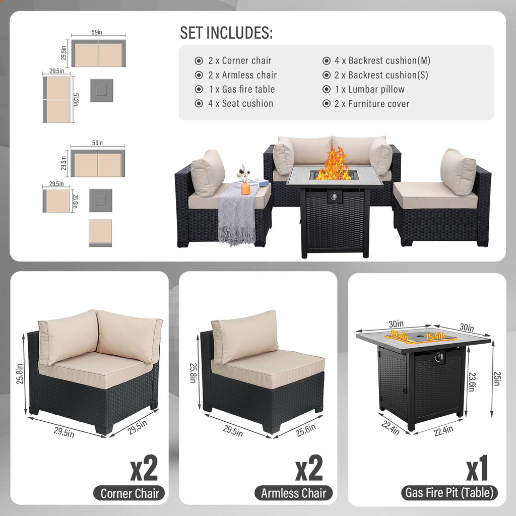 WAROOM Outdoor 5 Piece Patio Furniture Set, Black Rattan Conversation Couch Resin Wicker Sectional Sofa Outside Chair with Coffee Table, Grey Cushion