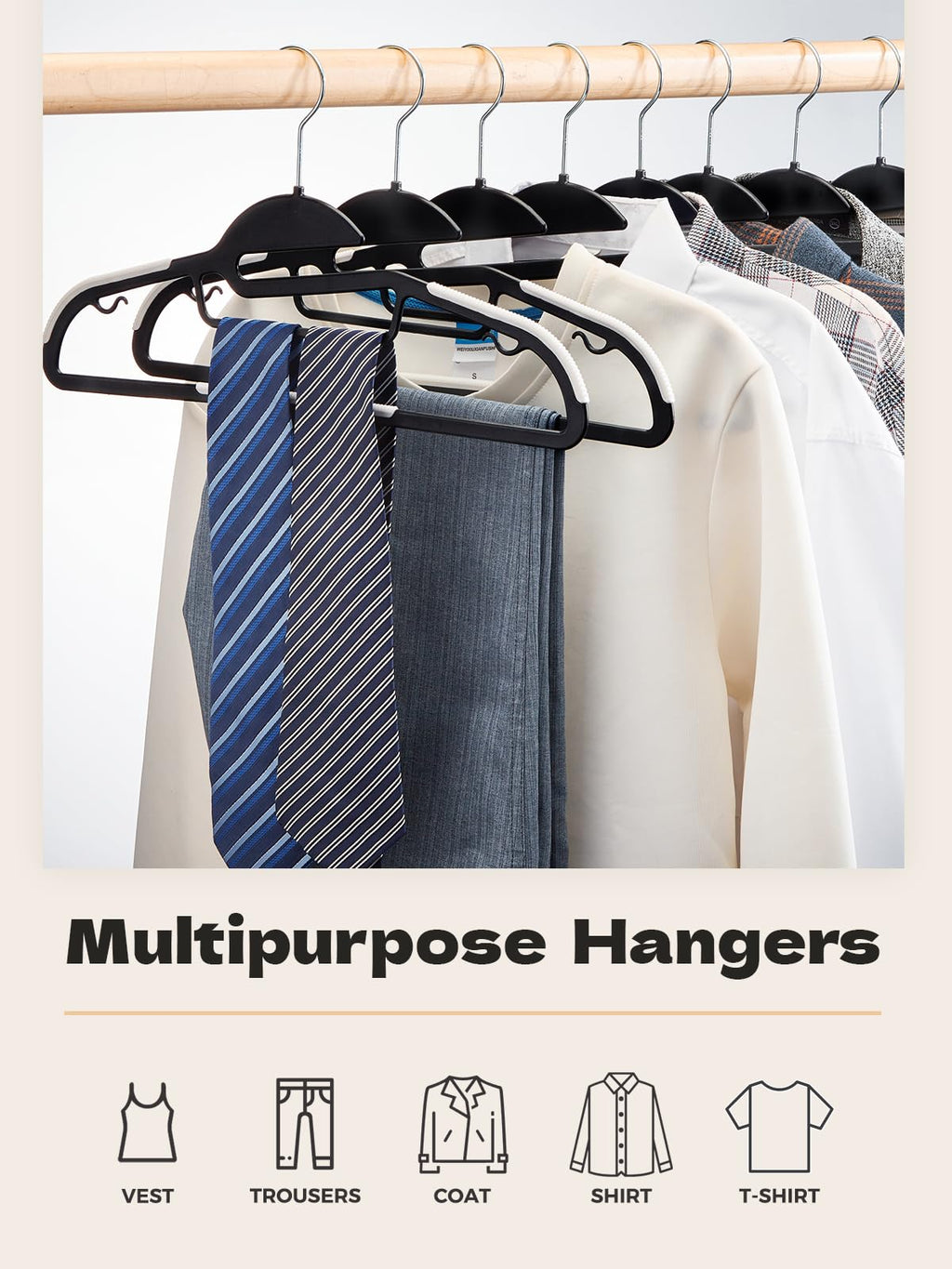 HOUSE DAY Slim Plastic Hangers with Non Slip Rubber Pads, 30 Pack, Black | Space saving closet organizer, heavy duty S-shape, rubber grip pads help keep shirts, suits, coats, pants, skirts in place