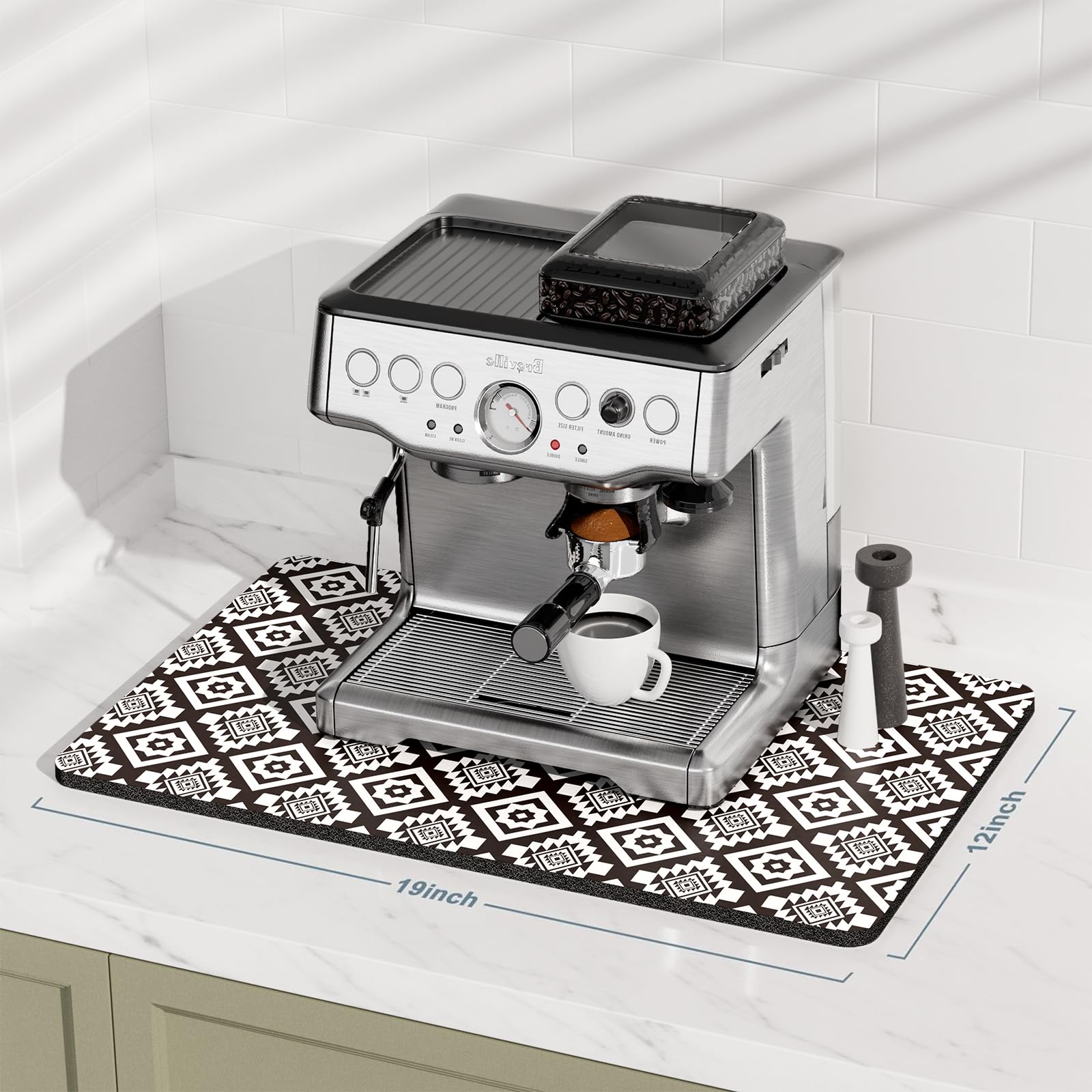 Rnivvi Coffee Mat, 12" x 19" Coffee Bar Mats for Espresso Machine Station Accessories and Organizer, Hide Stain Rubber Backed Absorbent Dish Drying Pad for Kitchen Counter, Cute Bar Decor Pad, Black