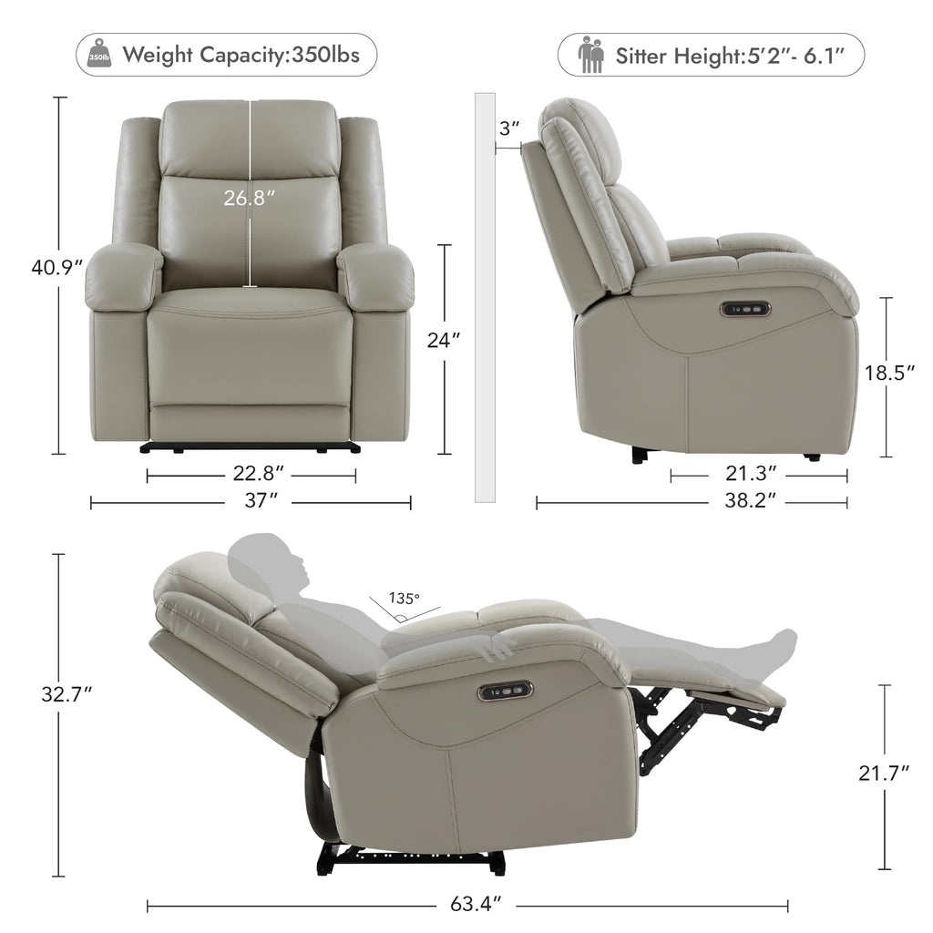 Watson & Whitely Genuine Leather Power Recliner Chairs for Adults, Wall Hugger RV Recliner with Power Headrest & Charging Ports, Electric Recliner Sofa Chair for Living Room, Black