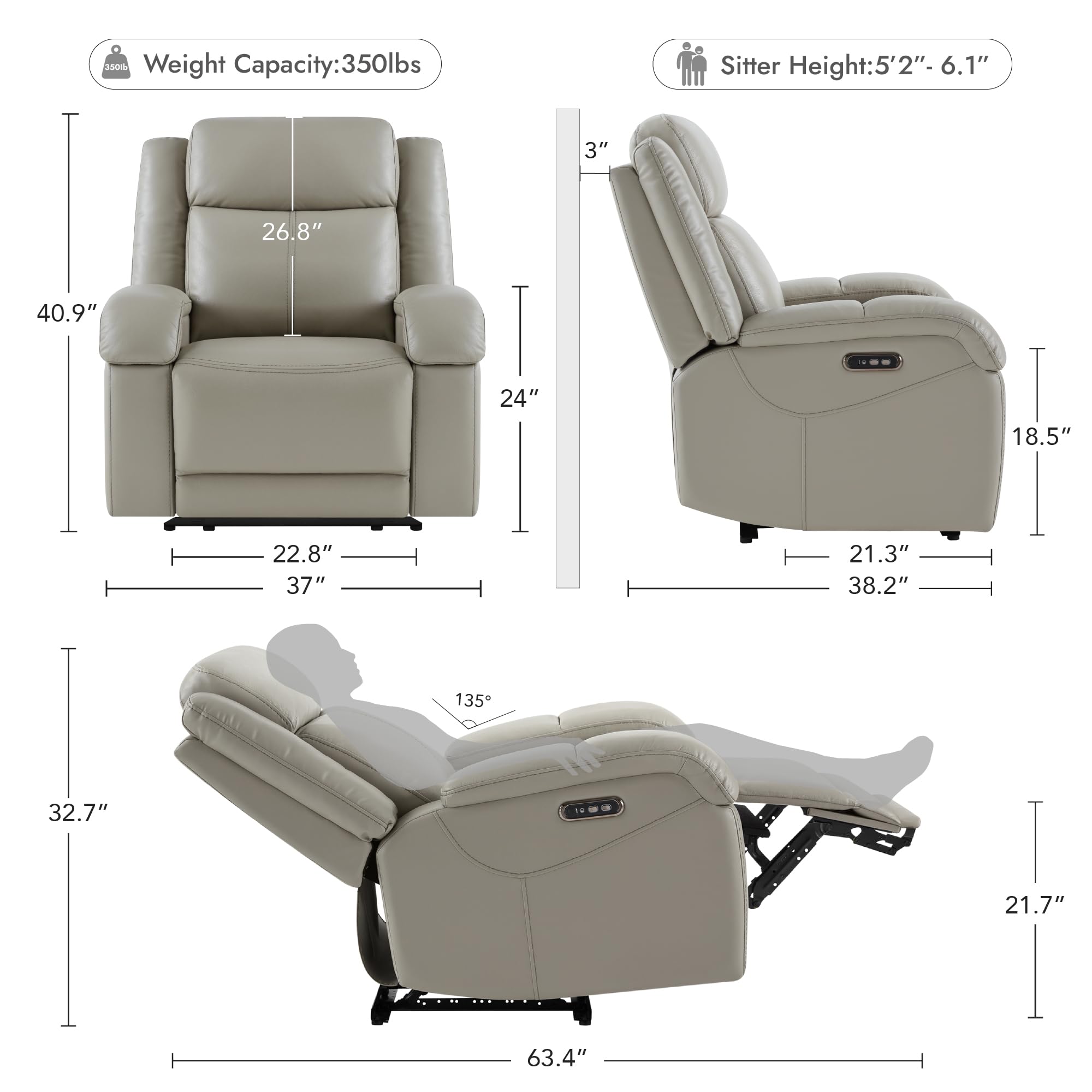 Watson & Whitely Genuine Leather Power Recliner Chairs for Adults, Wall Hugger RV Recliner with Power Headrest & Charging Ports, Electric Recliner Sofa Chair for Living Room, Black