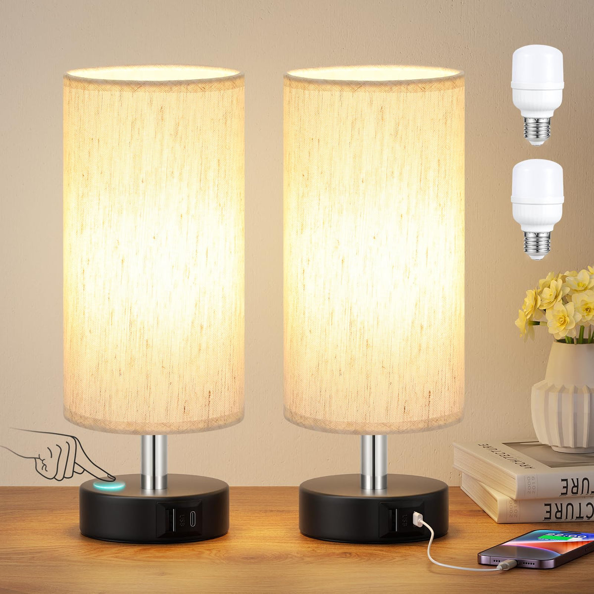 PartageiZ Small Table Lamp for Bedroom Set of 2 - Bedside Lamps for Night Stands, Minimalist Nightstand Light Lamp, Desk Lamps for Reading Room, Kids Room, Living Room, Office, Dorm