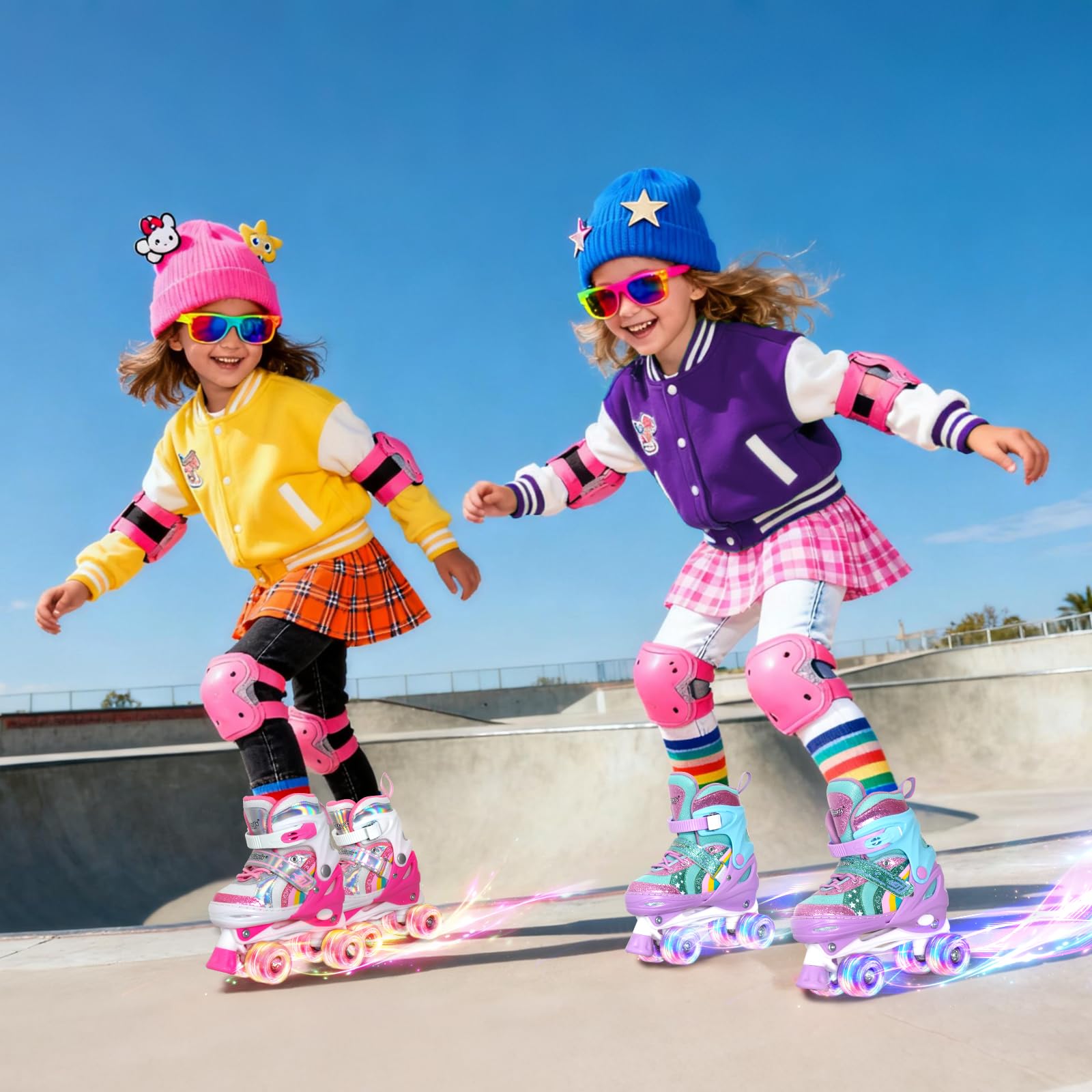Nattork Girls Roller Skates for Kids, 4 Size Adjustable Rainbow Quad Skates with All Light Up Wheels - Best Birthday Gift for Outdoor Sports