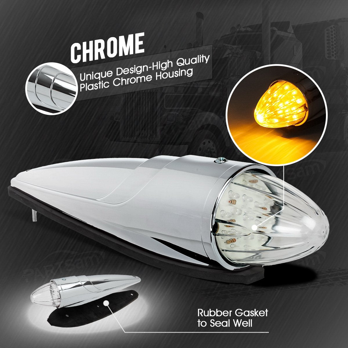 Partsam 5PCS 17 LED Amber Torpedo Cab Marker Roof Running Top Lights Assembly Super Bright Chrome Heavy Duty Trucks Replacement for International Kenworth/Peterbilt/Freightliner/Mack,DOT Compliant