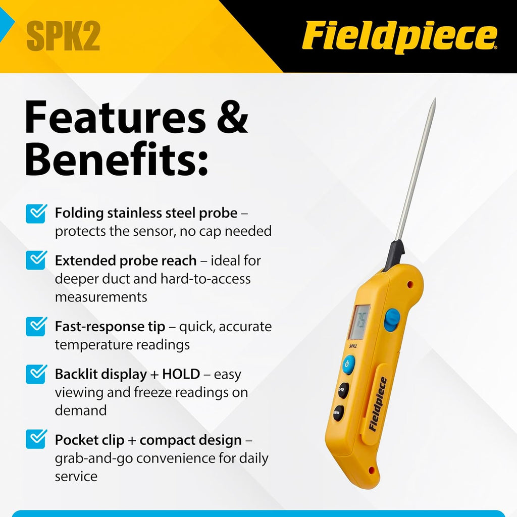 Fieldpiece SPK2 Pocket Thermometer – Folding Probe Digital Temperature Meter with Extended Reach - Backlit Display - Fast-Response Tip for HVAC/R