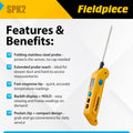 Fieldpiece SPK2 Pocket Thermometer – Folding Probe Digital Temperature Meter with Extended Reach - Backlit Display - Fast-Response Tip for HVAC/R