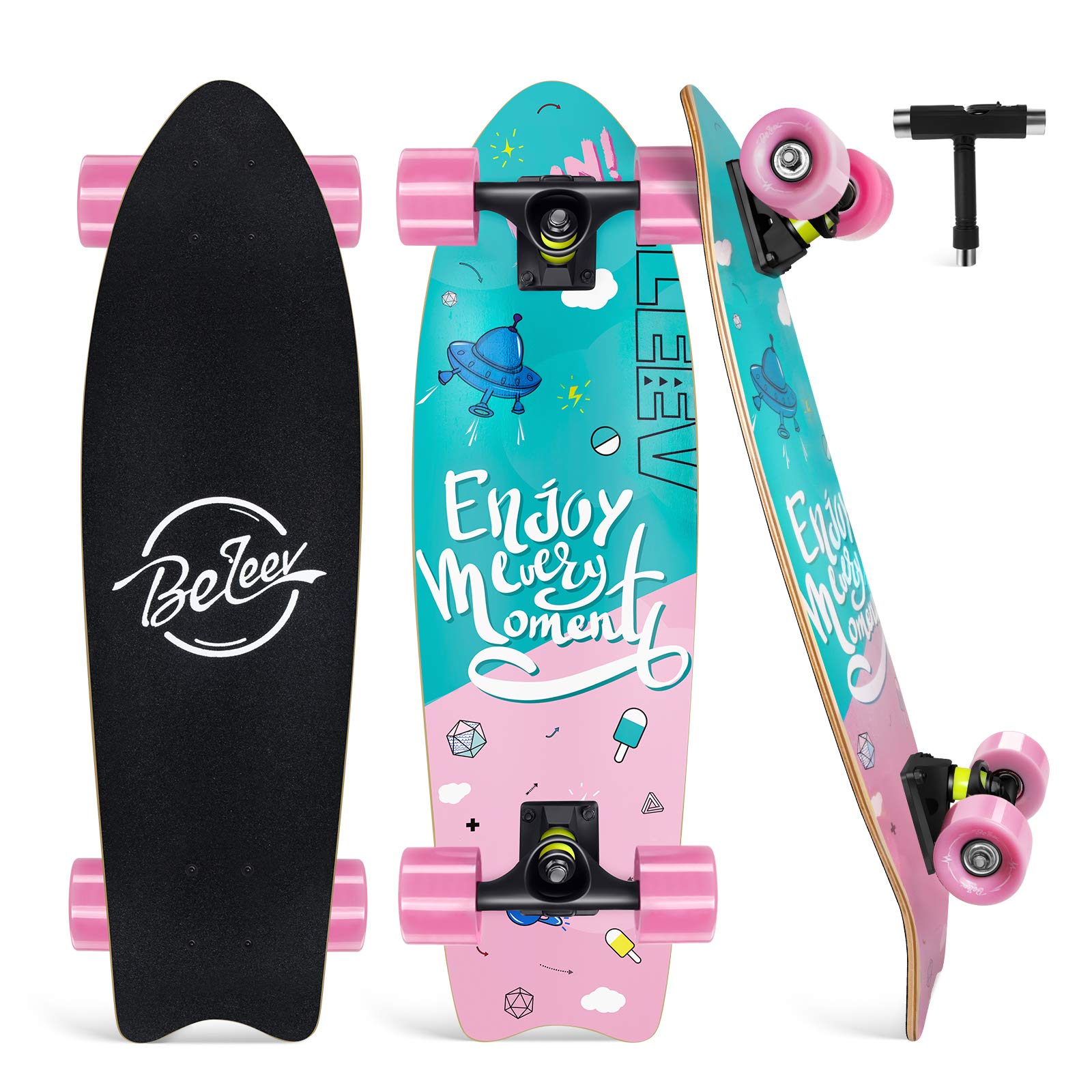 BELEEV Cruiser Skateboards for Beginners, 27 x 8 inch Complete Skateboard for Kids Teens Adults, 7 Ply Canadian Maple Double Kick Deck Concave Skateboard with Skate T-Tool
