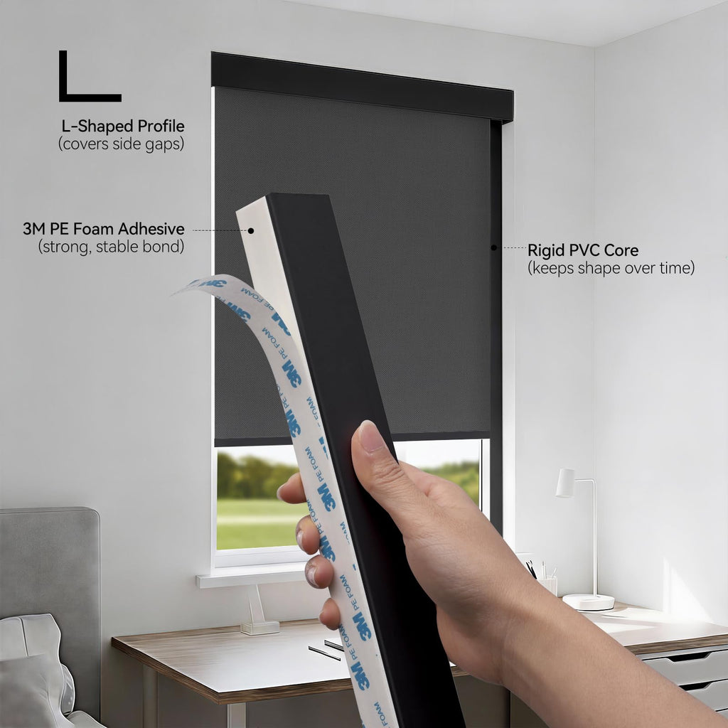 ZSTARR PVC Light Blockers Blackout Light Blockers Side Tracks for Window Shades Blinds Side Tracks for Blackout Shades Easy to Install Light Blocking Strips for Bedroom (Black, 58",2Pcs)
