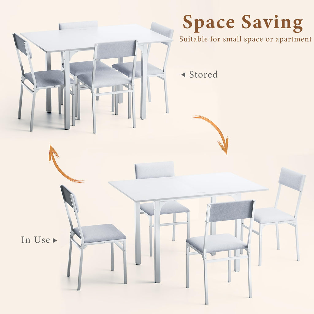 HUAHUU Dining Table Set for 4, Extendable Kitchen Table Cushion Chairs Set of 4, Rectangle Dining Table with Metal Frame & MDF Board, Folding for Small Apartment Saving Space, Black