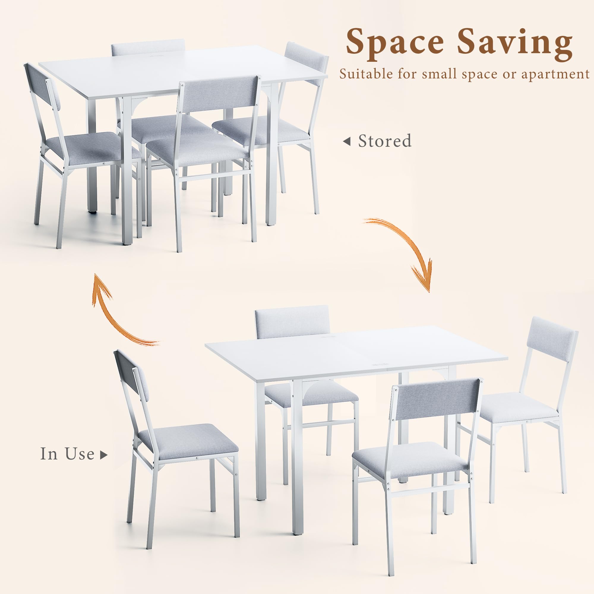 HUAHUU Dining Table Set for 4, Extendable Kitchen Table Cushion Chairs Set of 4, Rectangle Dining Table with Metal Frame & MDF Board, Folding for Small Apartment Saving Space, Black