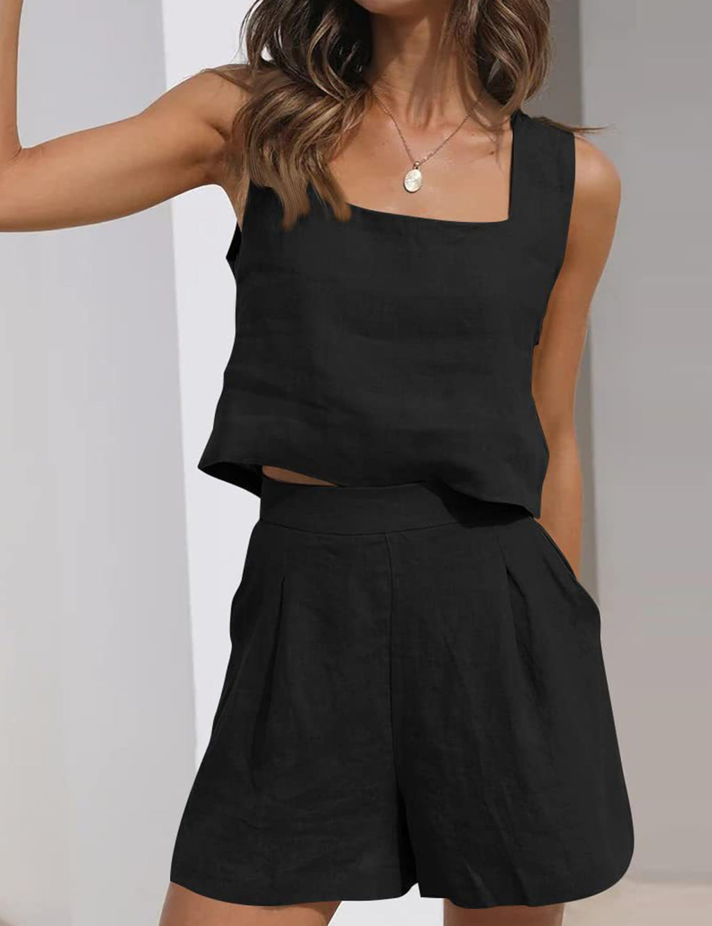 Womens Linen 2 Piece Outfits Lounge Sets sleeveless Tank Tops and High Waist Shorts Summer Vacation Set