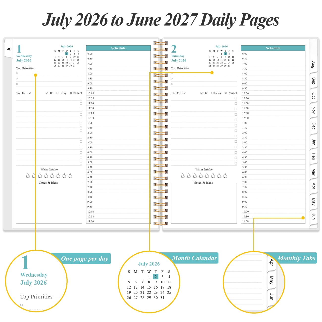 2026-2027 Daily & Monthly Planner - One Page Per Day, Daily Planner from July 2026 to June 2027, Planner 2026-2027 with 12 Monthly Tabs, 6.4" x 8.5", Black