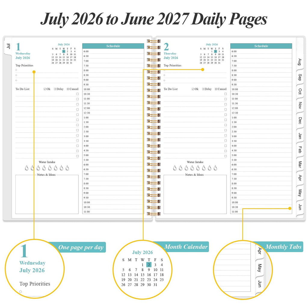 2026-2027 Daily & Monthly Planner - One Page Per Day, Daily Planner from July 2026 to June 2027, Planner 2026-2027 with 12 Monthly Tabs, 6.4" x 8.5", Black