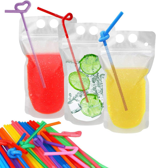 100 Pcs Drink Pouches with 100 Straw Holes, Freezable Juice Pouches, Translucent Reclosable Zipper Plastic Pouche Drink Bags for Cold & Hot Drinks for Adults and Kids World Cup Party