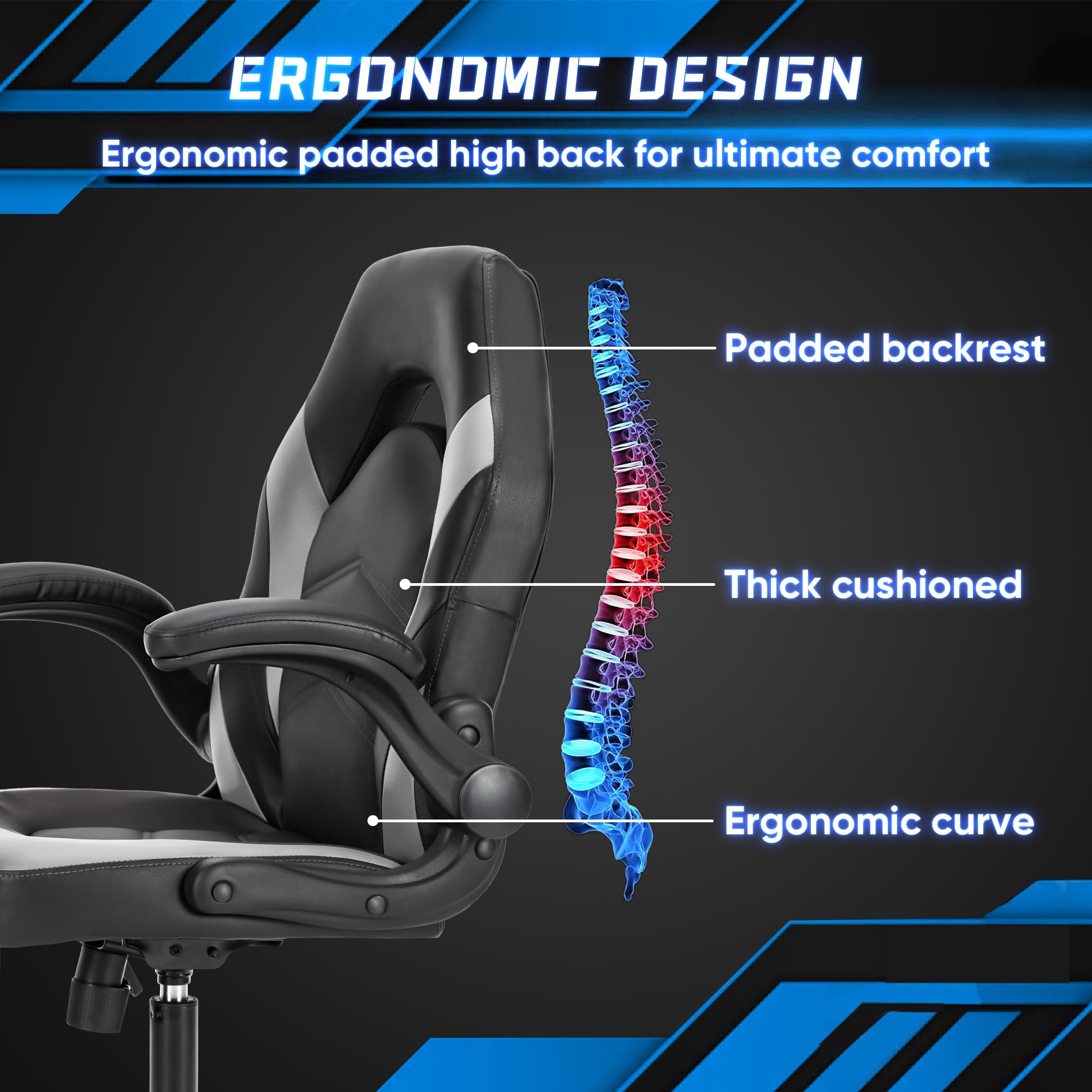 OLIXIS Computer Gaming Desk Chair - Ergonomic Video Game with Comfy Lumbar Support and headrest, PU Leather with Flip-up Arms, Adjustable Height and Swivel Wheels, for Adults, Black