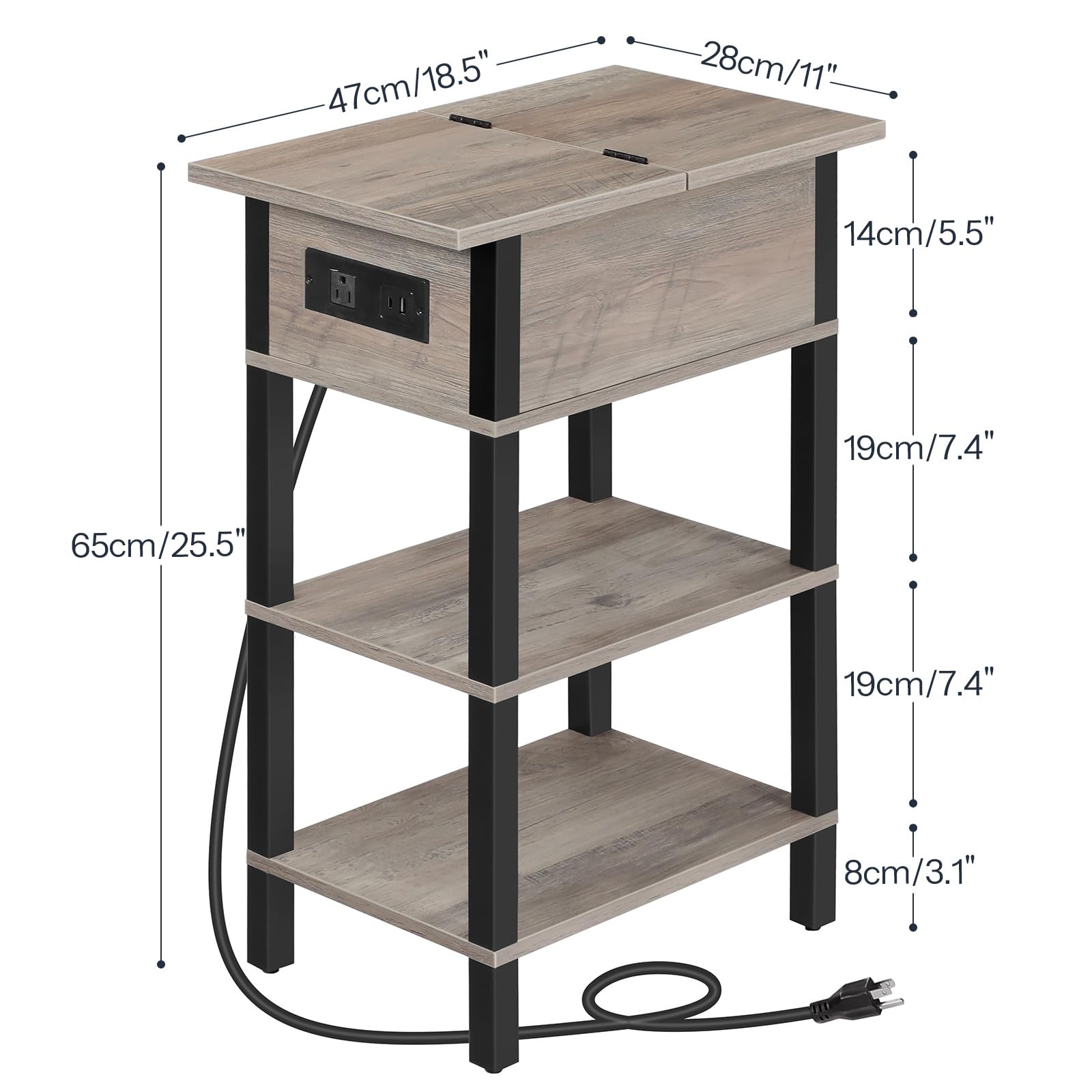 HOOBRO End Table with Charging Station, Flip Top Side Table with USB Ports, Narrow Nightstand Bedside Tables with Storage Shelves, for Small Space, Living Room, Black BK141UBZ01
