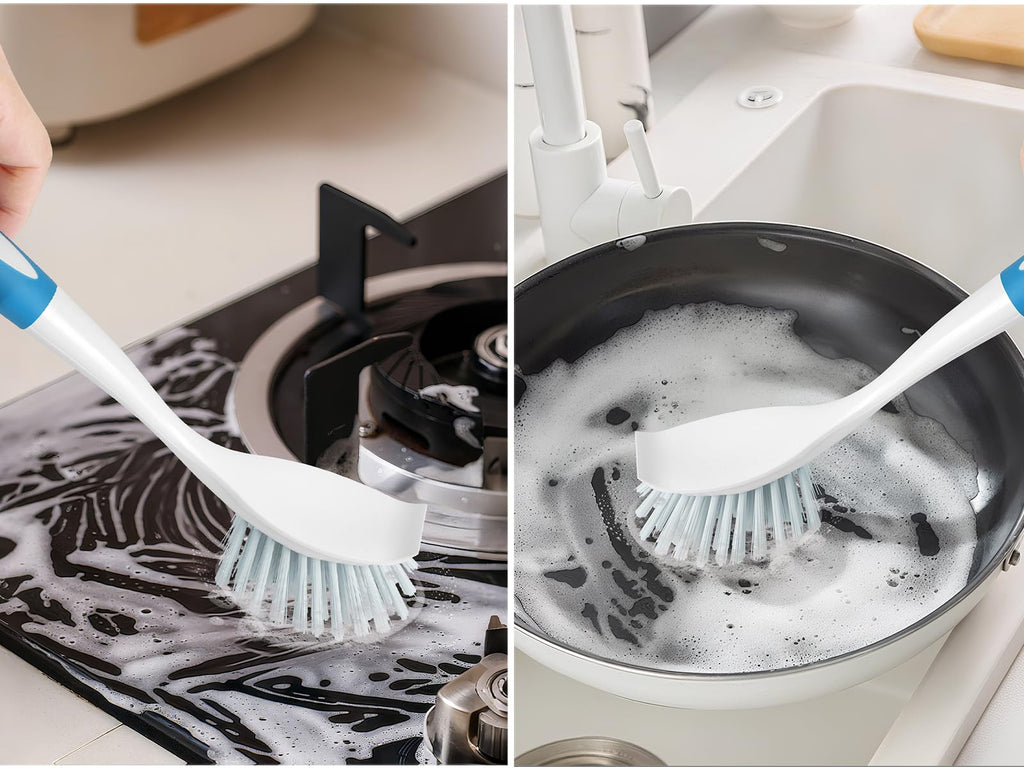 Dish Brush with Handle, Firm & Stiff Bristles Dish Scrubber for Pots, Pans & Sink Cleaning, 2 Pack