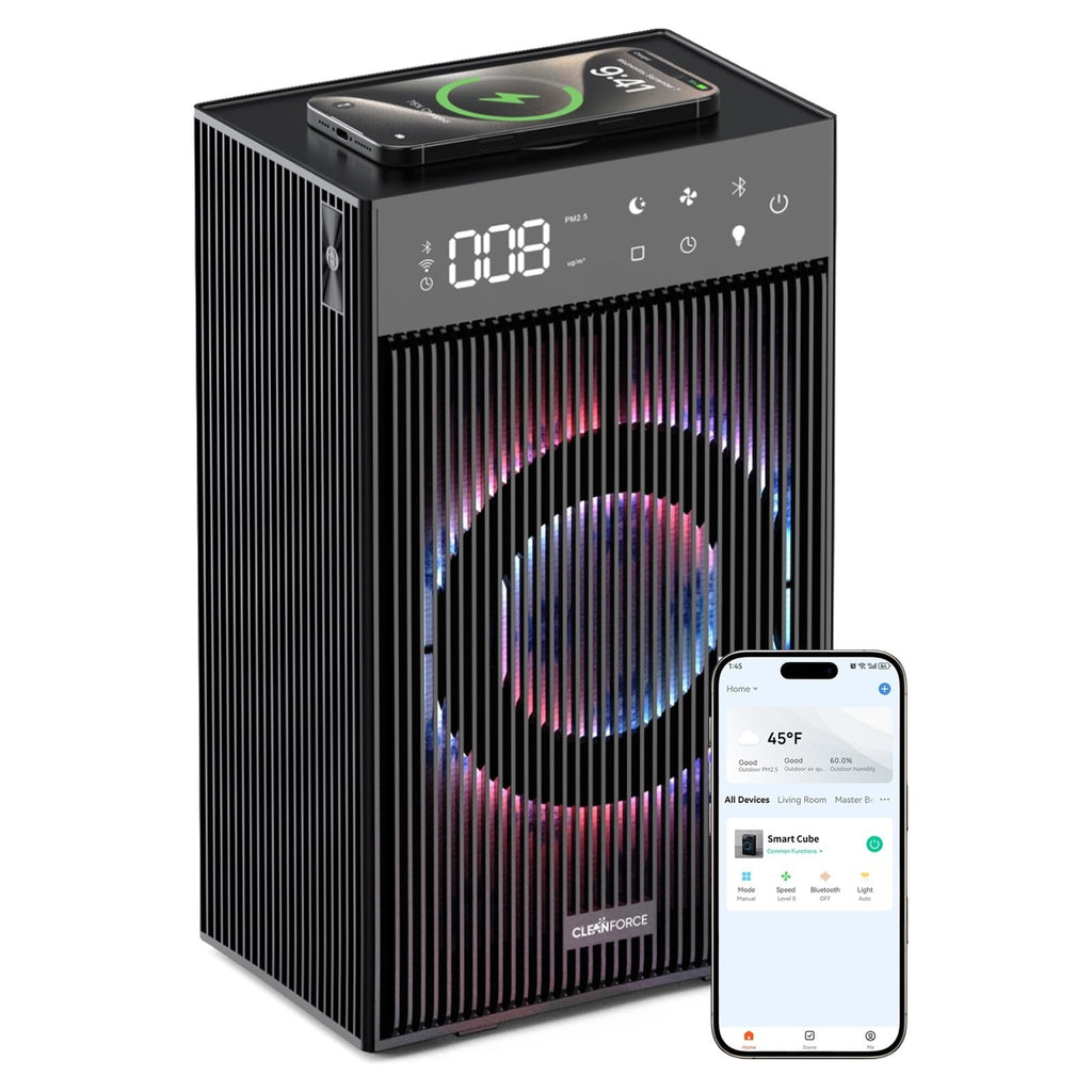 CleanForce Rainbow Cube | World’s First 4-in-1 Space-saving Air Purifier with Bluetooth Speaker, Wireless Charger & Aroma Diffuser | Swiss Tech，over 900ft² Coverage | Ultra-Quiet