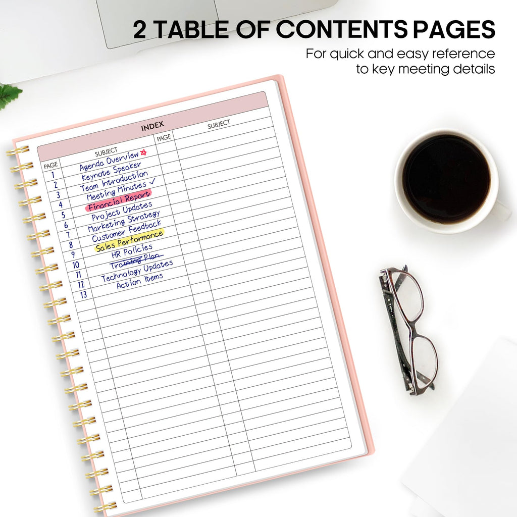 Meeting Notebook for Work Organization - Work Planner Notebook with Action Items, Agenda Planner for Note Taking, 160 Pages (6.9" X 9.9") Project Organizer for Men & Women - Pink