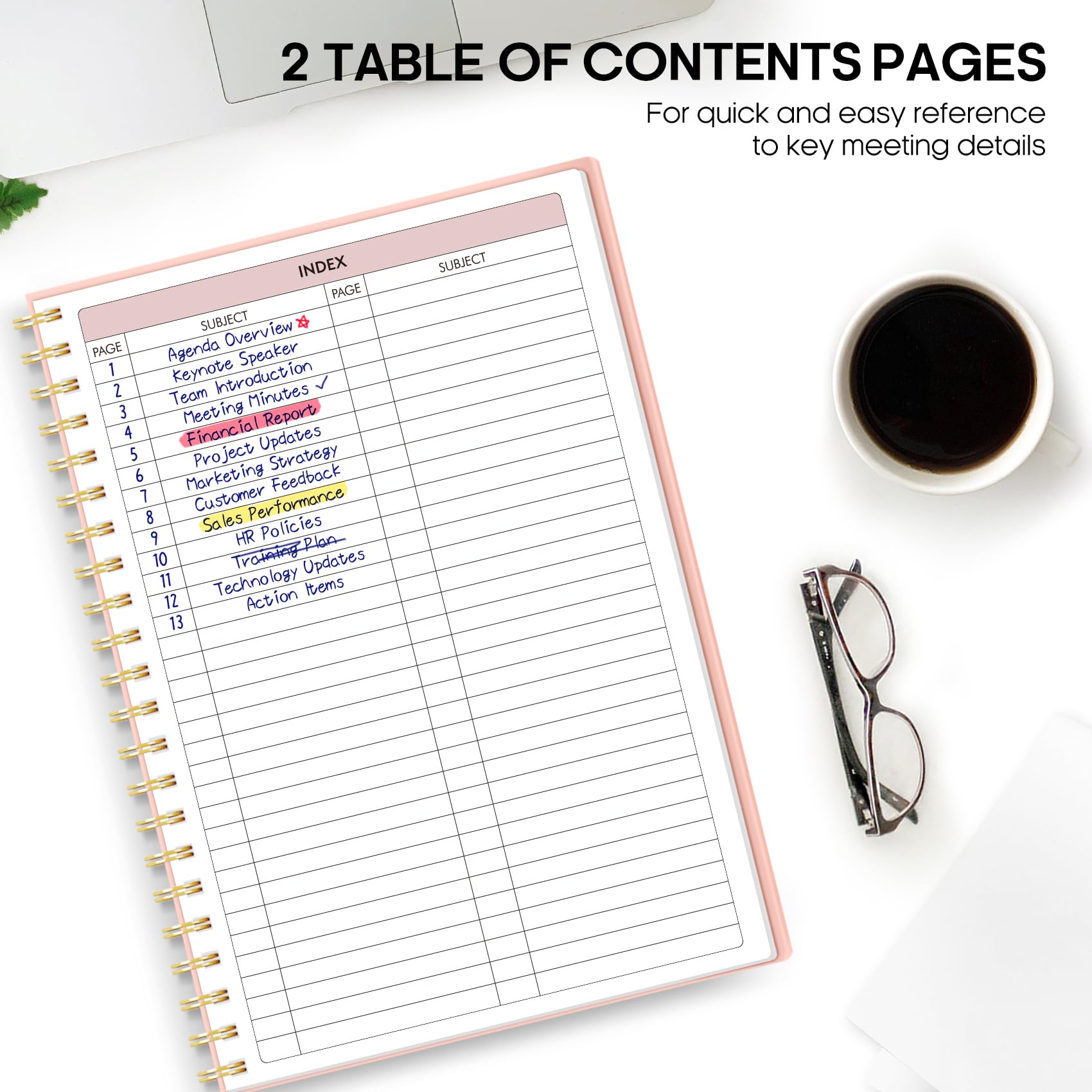 Meeting Notebook for Work Organization - Work Planner Notebook with Action Items, Agenda Planner for Note Taking, 160 Pages (6.9" X 9.9") Project Organizer for Men & Women - Pink