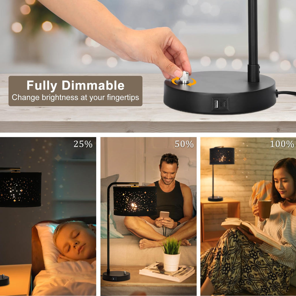 Table Lamps Set of 2, Fully Dimmable Bedside Lamp with USB C+A Charging Ports, Modern Nightstand Lamps with Linen Fabric Shades, Tall Desk Lamp for Bedroom, Living Room, Office, LED Bulb Included