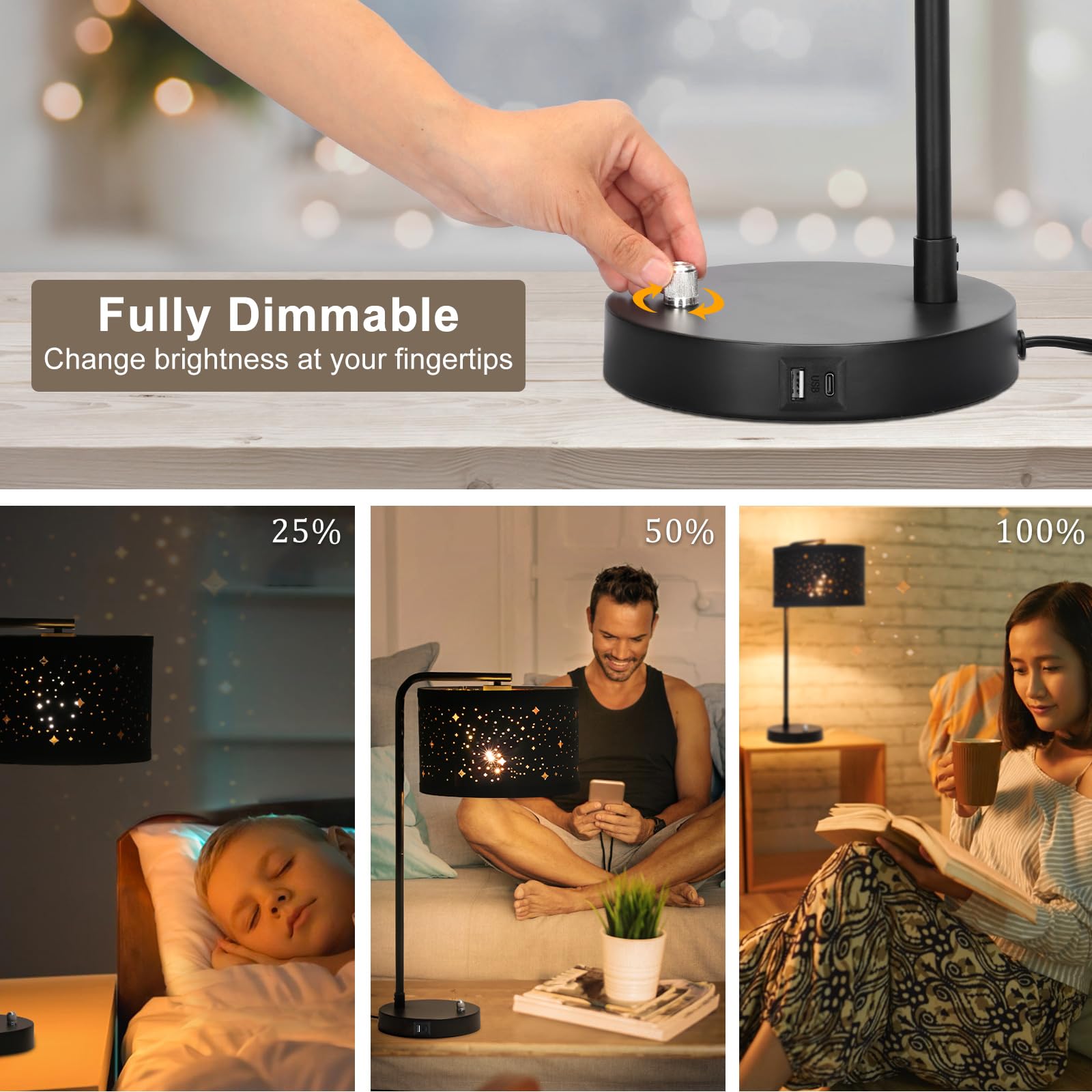 Table Lamps Set of 2, Fully Dimmable Bedside Lamp with USB C+A Charging Ports, Modern Nightstand Lamps with Linen Fabric Shades, Tall Desk Lamp for Bedroom, Living Room, Office, LED Bulb Included