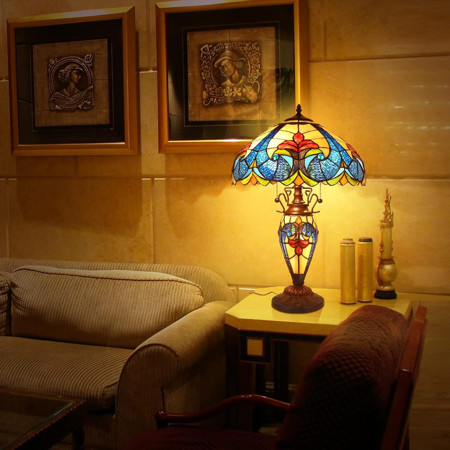 Pterying Tiffany Lamp, 24'' Tall Tiffany Table Lamp with Retro Pull Switch, 3 LED Bulbs Included, Vintage Living Room Bedroom Home Office Bedside Reading Lamp