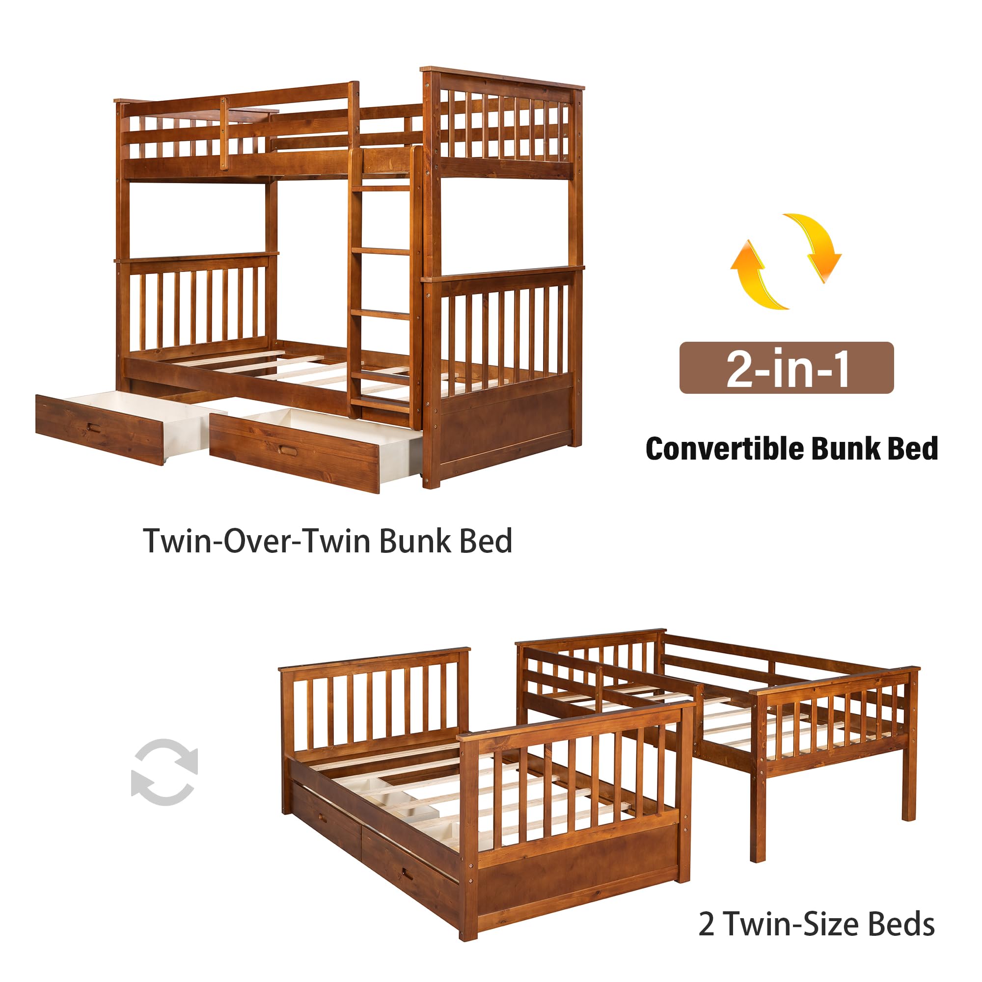 Merax Wood Bunk Bed with Two Drawers,Convertible Wood Bunk Bed with Ladders and Two Storage Drawers,Solid Wood Detachable Bed Frame with Ladders, Twin Over Full Size, Espresso