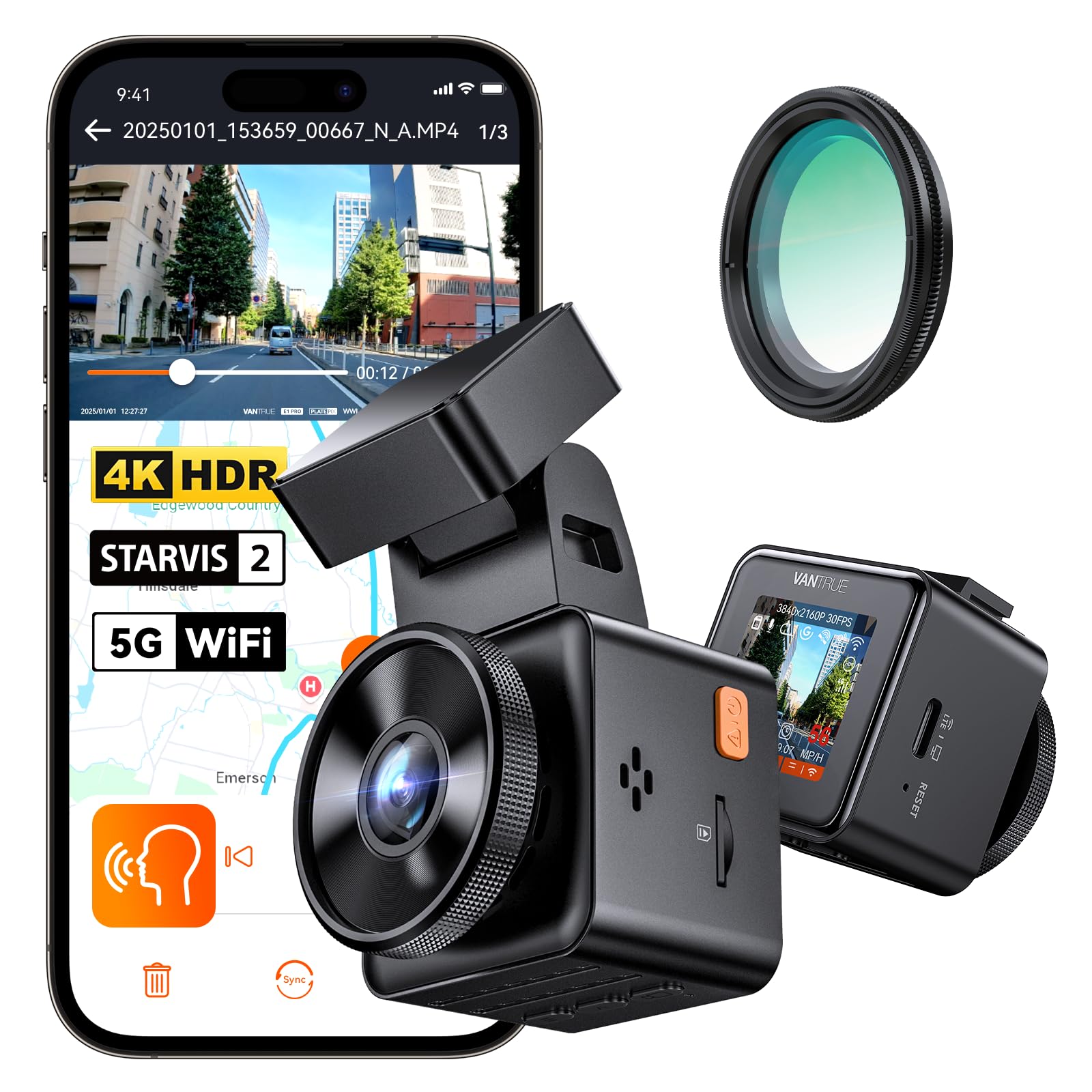 Vantrue E1 Pro 4K Mini Dash Cam Front - STARVIS 2 Night Vision with PlatePix™, HDR Car Camera, Built-in 5.8G WiFi GPS, Voice Control, 24/7 Buffered Parking Mode, Support 1TB Max